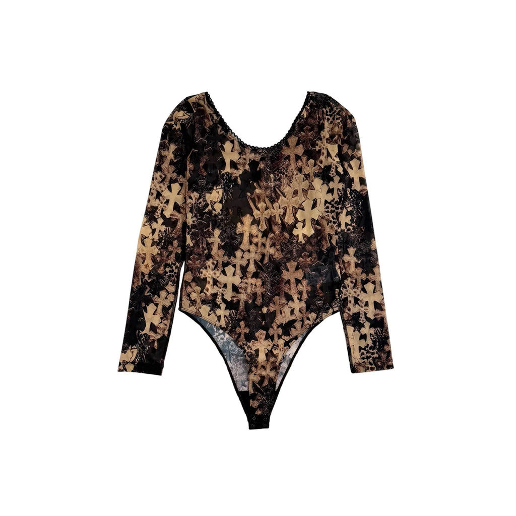 All Over Cross Printed Sheer Mesh Long Sleeve Bodysuit