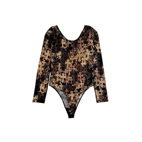All Over Cross Printed Sheer Mesh Long Sleeve Bodysuit