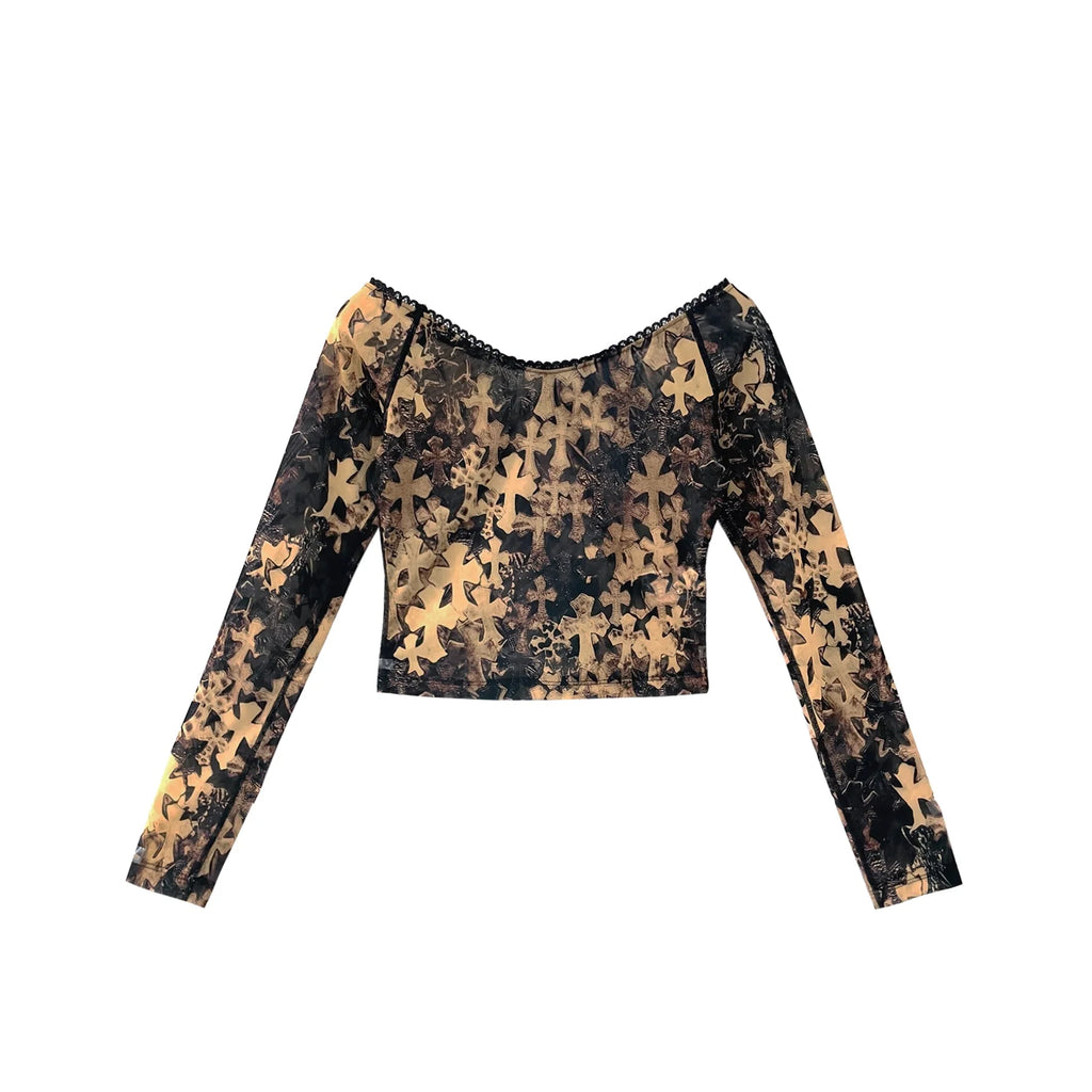 All Over Cross Printed Sheer Mesh Off-Shoulder Long Sleeve Top