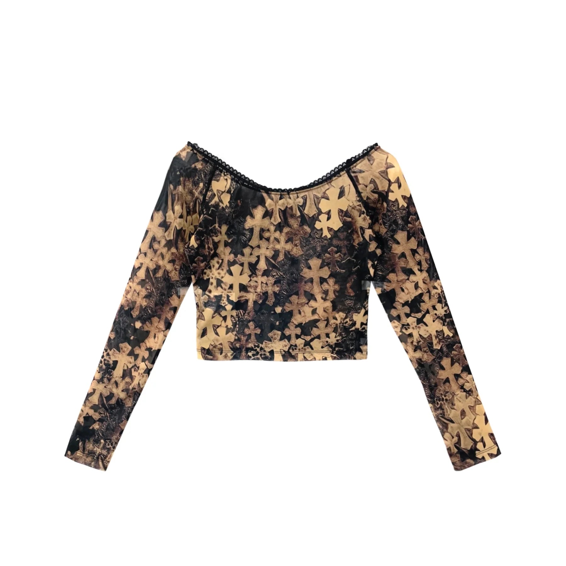 All Over Cross Printed Sheer Mesh Off-Shoulder Long Sleeve Top